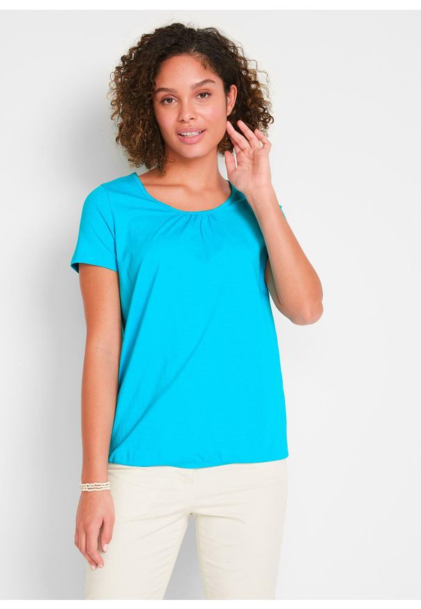 bonprix - T-shirt z czystej bawełny, krótki rękaw. Kolor: niebieski. Materiał: bawełna. Długość rękawa: krótki rękaw. Długość: krótkie