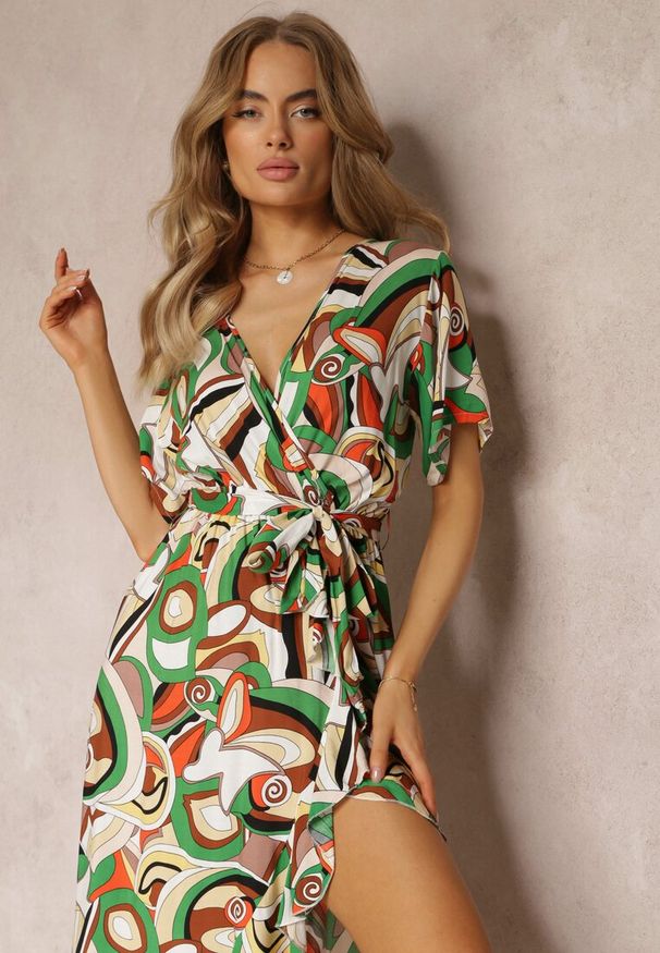 Renee - Zielona Wzorzysta Sukienka Midi z Gumką w Talii z Wiskozy Angelett. Okazja: na co dzień. Kolor: zielony. Materiał: wiskoza. Typ sukienki: kopertowe. Styl: casual. Długość: midi
