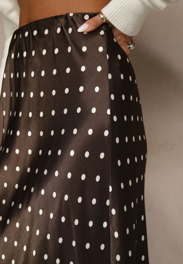 Renee - Brązowa Spódnica z Wiskozy High Waist Ozdobiona Kropkami i Koronką Monivia. Stan: podwyższony. Kolor: brązowy. Materiał: wiskoza, koronka. Wzór: kropki, aplikacja, koronka