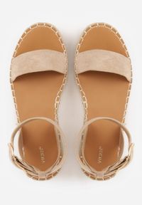 Renee - Ciemnobeżowe Sandały VICES na Platformie Ozdobione Plecionką z Juty Pellitoris. Kolor: beżowy. Wzór: aplikacja. Sezon: lato. Obcas: na platformie. Styl: elegancki #9