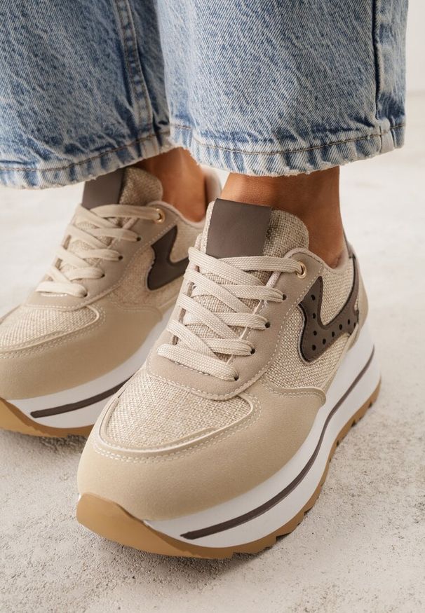 Born2be - Beżowe Sneakersy na Grubej Podeszwie z Perforacją i Tweedowymi Wstawkami Idaphyphe. Okazja: na co dzień. Kolor: beżowy. Materiał: jeans