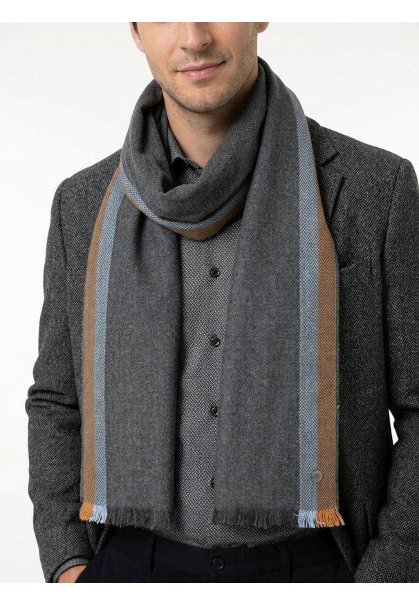 Szalik Męski - V. Fraas - Cashmink - Popiel, Pasy. Materiał: tkanina, syntetyk, materiał, poliakryl, wełna. Wzór: prążki, paski. Sezon: lato