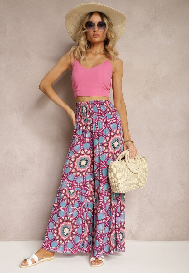 Renee - Różowo-Niebieskie Spodnie Typu Palazzo z Wiskozy High Waist z Gumką w Pasie Bistalia. Okazja: na co dzień. Stan: podwyższony. Kolor: różowy. Materiał: wiskoza. Długość: długie. Styl: casual, wizytowy