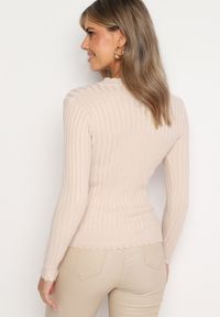 Born2be - Beżowy Prążkowany Sweter z Bawełną Mevin. Okazja: na co dzień. Kolor: beżowy. Materiał: bawełna, prążkowany. Styl: casual, elegancki #3