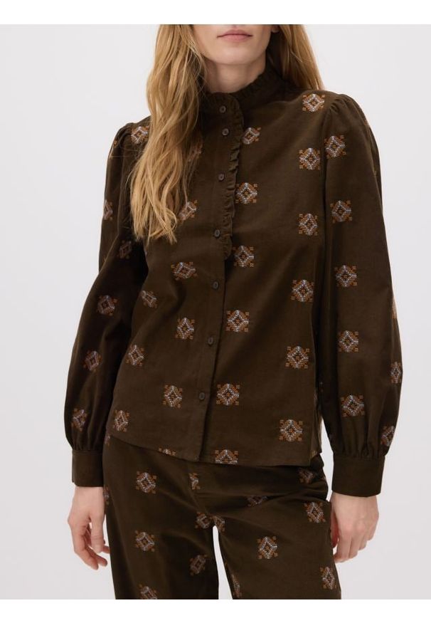 Reserved - Koszula z haftem - ciemnobrązowy. Kolor: brązowy. Materiał: bawełna, tkanina. Wzór: haft