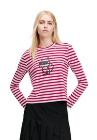 Karl Lagerfeld - KARL LAGERFELD Czerwono-biały damski lonsgleeve Ikon Print Stripe, Rozmiar XS. Kolor: czerwony. Materiał: materiał. Wzór: nadruk. Styl: elegancki