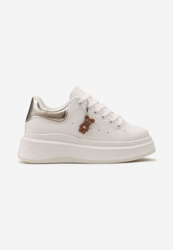 Born2be - Biało-Złote Sneakersy na Grubej Podeszwie z Motywem Misia Saldren. Kolor: biały. Obcas: na obcasie. Wysokość obcasa: niski