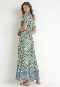 Born2be - Miętowa Sukienka z Wiskozy w Etno Wzór z Gumką i Paskiem w Talii Lucassa. Kolor: miętowy. Materiał: wiskoza. Styl: etno #5