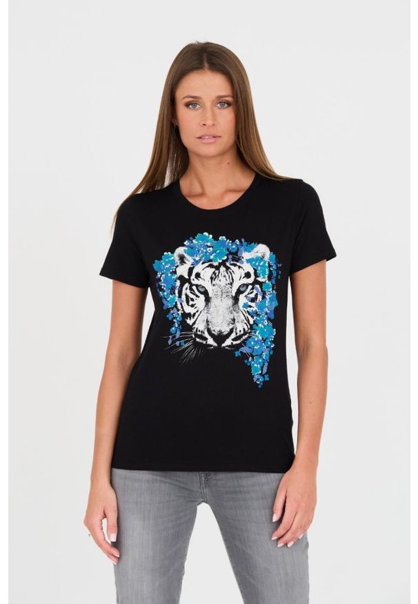 Guess - GUESS Czarny damski t-shirt bawełniany z printem, Rozmiar M. Kolor: czarny. Materiał: bawełna. Wzór: nadruk