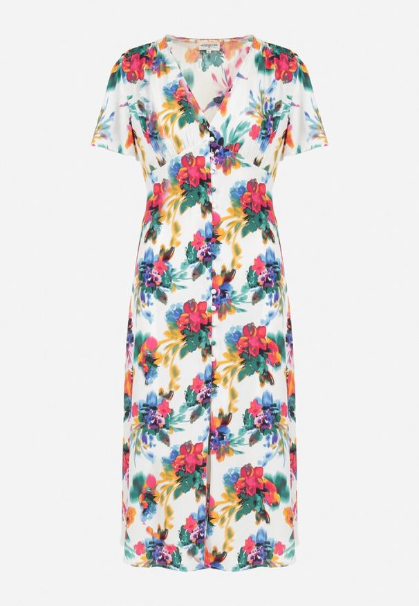 Born2be - Biała Sukienka Midi z Guzikami i Marszczoną Gumką w Pasie Dasia. Kolor: biały. Materiał: tkanina. Długość rękawa: krótki rękaw. Sezon: wiosna, lato. Długość: midi