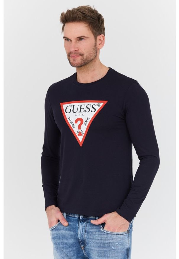 Guess - GUESS Granatowy męski longsleeve Original Logo Tee, Rozmiar XL. Kolor: niebieski. Długość rękawa: długi rękaw