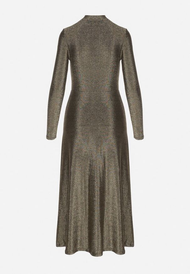 Born2be - Złota Sukienka z Wiskozą Ozdobiona Brokatem w Eleganckim Stylu Werirra. Kolor: złoty. Materiał: wiskoza. Wzór: aplikacja. Sezon: zima. Styl: elegancki
