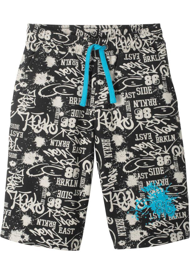 bonprix - Bermudy dresowe z czystej bawełny organicznej. Kolor: czarny. Materiał: bawełna, dresówka. Wzór: nadruk