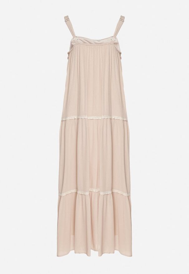 Born2be - Beżowa Wiskozowa Sukienka o Rozkloszowanym Kroju z Biżuteryjnym Zdobieniem Mevinda. Okazja: na co dzień. Kolor: beżowy. Materiał: wiskoza. Długość rękawa: na ramiączkach. Wzór: aplikacja. Styl: casual, elegancki