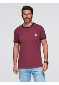 Ombre Clothing - T-shirt męski z kontrastowymi lampasami – bordowy V2 - Rozmiar: L. Okazja: na co dzień. Kolor: czerwony. Materiał: materiał, jersey, poliester, bawełna. Wzór: melanż, aplikacja. Styl: klasyczny, sportowy, casual