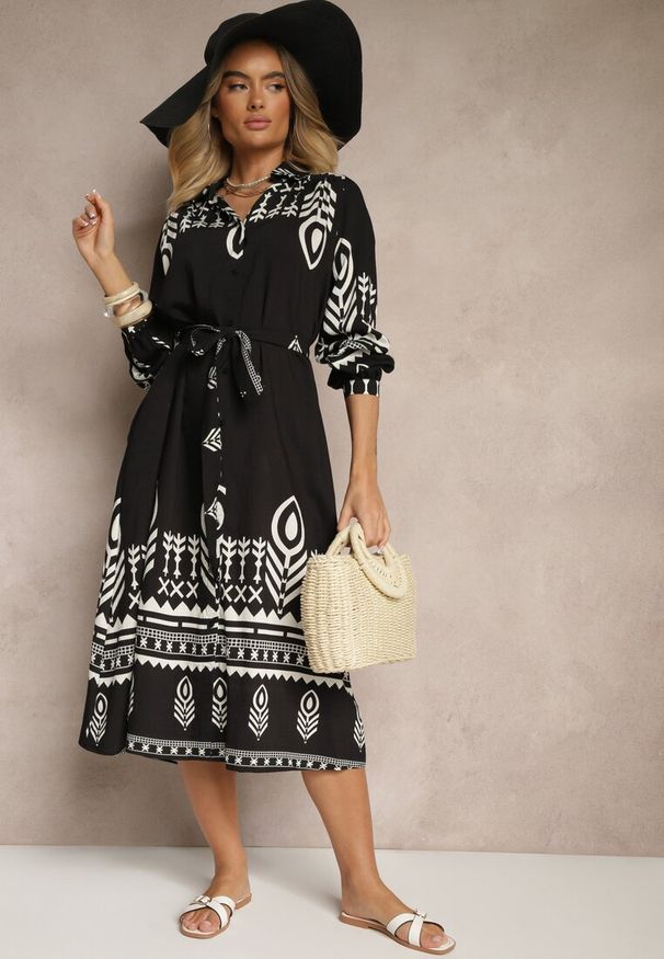 Renee - Czarna Koszulowa Sukienka z Wiskozą w Azteckie Wzory Averisa. Kolor: czarny. Materiał: wiskoza. Typ sukienki: koszulowe. Styl: elegancki