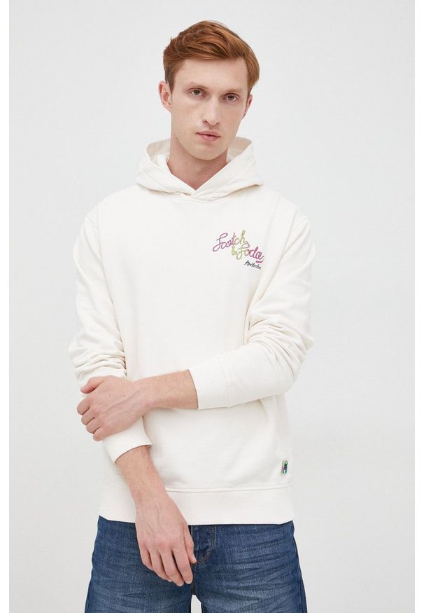 Scotch & Soda bluza bawełniana męska kolor beżowy z kapturem z nadrukiem. Typ kołnierza: kaptur. Kolor: beżowy. Materiał: bawełna. Wzór: nadruk
