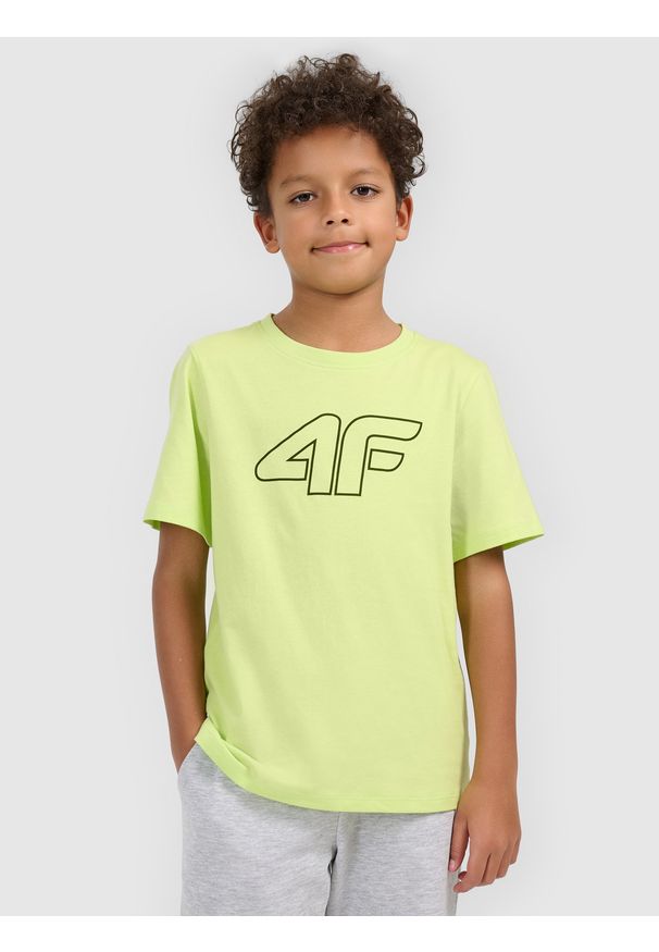 4f - 4F T-shirt regular z nadrukiem chłopięcy - zielony 122 (6-7 lat). Okazja: na spacer, na uczelnię, na co dzień. Kolor: zielony. Materiał: jeans, materiał, dresówka, bawełna. Wzór: nadruk. Sezon: lato. Styl: casual, klasyczny