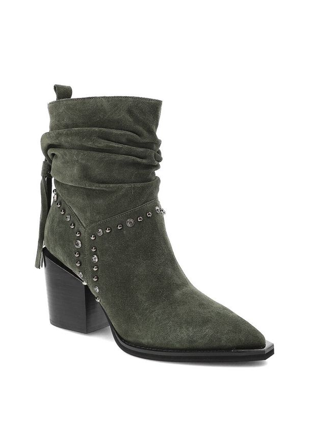 Zielone Botki Alma En Pena Modne Kowbojki Damskie. Okazja: na co dzień. Kolor: zielony. Materiał: jeans, materiał, skóra. Styl: casual, elegancki, wizytowy