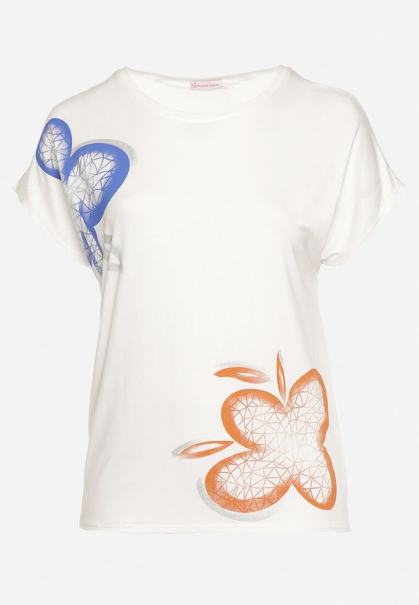 Born2be - Biały Klasyczny T-shirt z Bawełny Ozdobiony Nadrukiem i Cyrkoniami Kristinae. Okazja: na co dzień. Kolor: biały. Materiał: bawełna. Wzór: aplikacja, nadruk. Styl: klasyczny