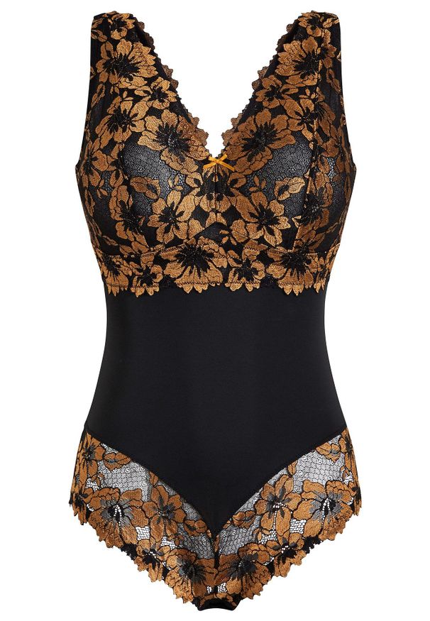 bonprix - Body bez fiszbinów z koronką w kwiaty. Kolor: czarny. Materiał: koronka. Wzór: kwiaty, koronka