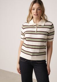 Born2be - Zielono-Kremowy T-shirt Typu Polo z Wiskozą Ozdobiony Guzikami i Paskami Esefia. Okazja: na co dzień. Typ kołnierza: polo. Kolor: zielony. Materiał: wiskoza. Wzór: aplikacja. Styl: casual #6