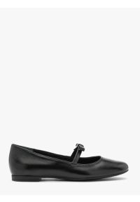 Ryłko - Czarne skórzane baleriny z paskiem. Okazja: na co dzień. Zapięcie: pasek. Kolor: czarny. Materiał: skóra. Wzór: aplikacja. Styl: elegancki, casual, retro