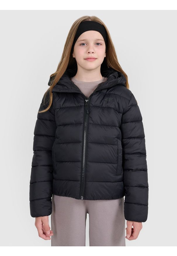 4f - 4F Kurtka puchowa z wypełnieniem syntetycznym dziecięca - czarna 146 (10-11 lat). Okazja: na uczelnię, na co dzień, na spacer. Kolor: czarny. Materiał: puch, syntetyk. Sezon: lato. Styl: klasyczny, casual