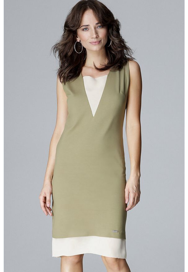 Lenitif - Elegancka sukienka midi z wstawkami z szyfonu oliwkowa. Kolor: oliwkowy. Materiał: szyfon. Typ sukienki: proste. Styl: elegancki. Długość: midi