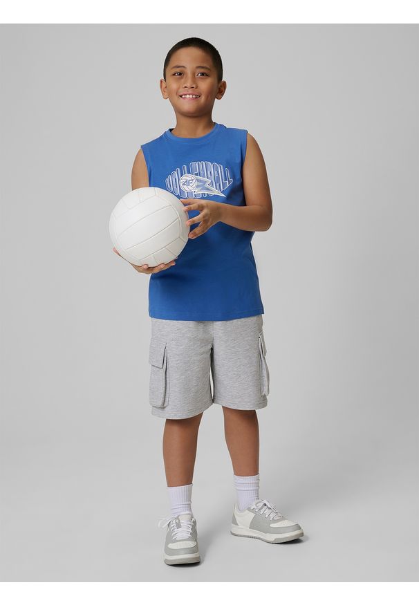 4f - 4F Koszulka bez rękawów loose z nadrukiem chłopięca - granatowa 158 (12-13 lat). Kolor: niebieski. Materiał: dzianina, bawełna, materiał. Długość rękawa: bez rękawów. Wzór: nadruk. Sezon: lato