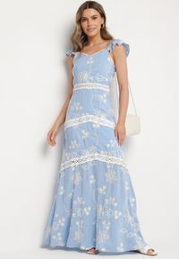 Born2be - Niebieska Wiskozowa Sukienka Ozdobiona Haftami i Falbankami Lumionea. Typ kołnierza: kołnierz z falbankami. Kolor: niebieski. Materiał: wiskoza. Wzór: haft, aplikacja. Styl: elegancki #7