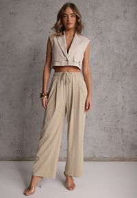 Renee - Beżowe Szerokie Spodnie Wiskozą Bawełną i Elastyczną Talią ze Sznurkiem Arkinae. Okazja: na co dzień. Stan: podwyższony. Kolor: beżowy. Materiał: wiskoza, bawełna. Wzór: aplikacja. Styl: casual #1