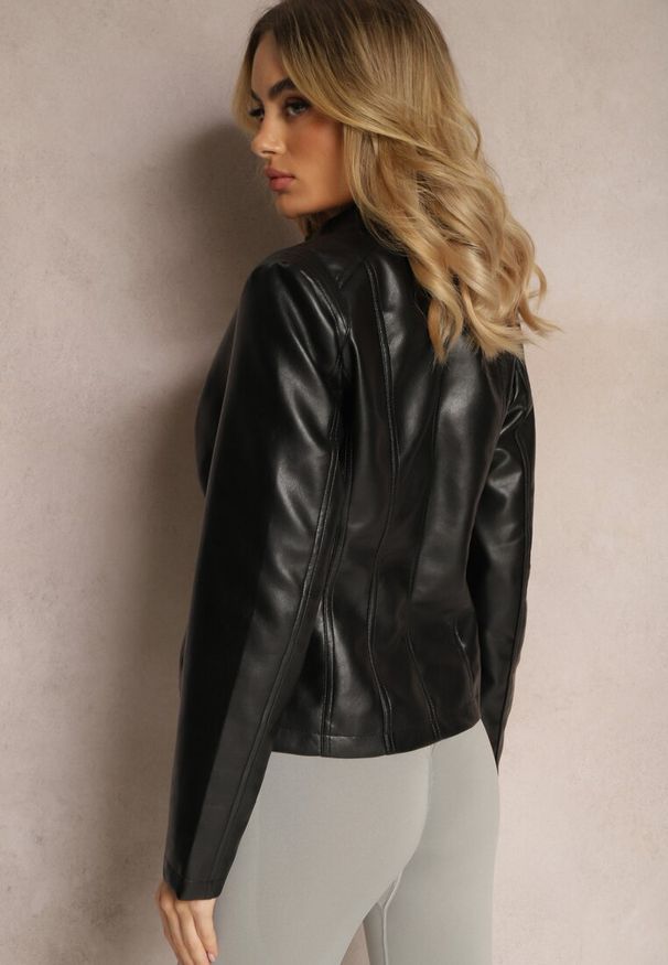 Renee - Czarna Ramoneska Kurtka z Ekoskóry z Suwakami Geomela. Okazja: na co dzień. Kolor: czarny. Materiał: jeans. Styl: klasyczny, rockowy, casual