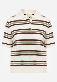 Born2be - Zielono-Kremowy T-shirt Typu Polo z Wiskozą Ozdobiony Guzikami i Paskami Esefia. Okazja: na co dzień. Typ kołnierza: polo. Kolor: zielony. Materiał: wiskoza. Wzór: aplikacja. Styl: casual #5