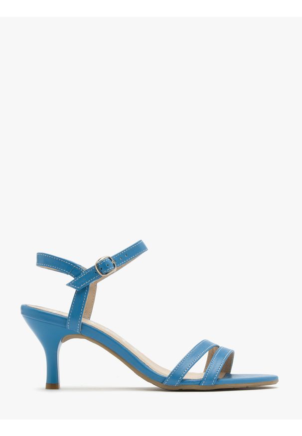 Ryłko - Niebieskie sandały na lakierowanej szpilce GWEN. Kolor: niebieski. Materiał: skóra. Obcas: na obcasie. Wysokość obcasa: średni