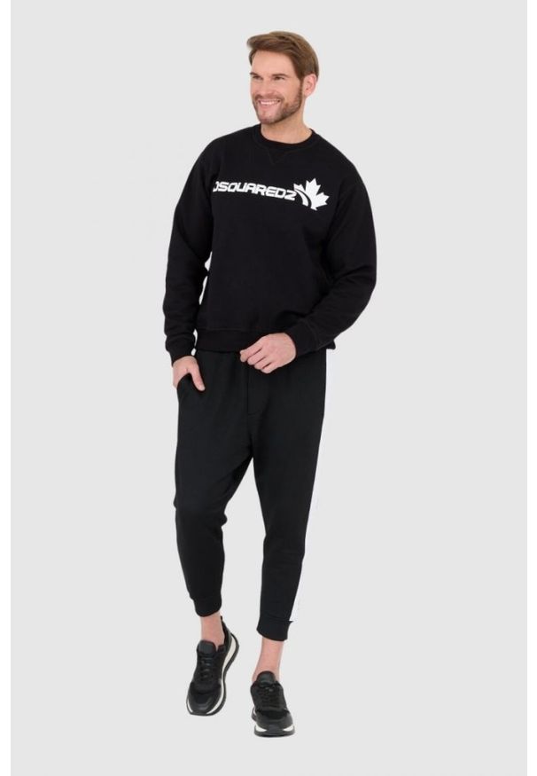 DSQUARED2 Czarna bluza męska z białym logo z liściem, Rozmiar XXL. Kolor: czarny