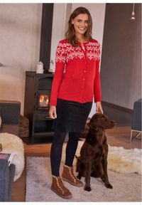 Sweter rozpinany z szerokimi rękawami, w norweski wzór bonprix czerwono-biały. Kolor: czerwony. Materiał: materiał, akryl #6