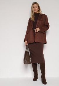 Born2be - Brązowa Ołówkowa Spódnica z Wiskozą Zdobiona Rozcięciem i Paskiem Rowedela. Okazja: na co dzień. Kolor: brązowy. Materiał: wiskoza. Wzór: aplikacja. Styl: casual, elegancki #4