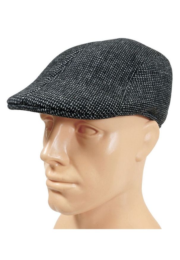 Czarno-Szary Męski Kaszkiet, Jesienno-Zimowy, Ocieplany -Pako Jeans- Gąbczasty, Melanżowy. Kolor: wielokolorowy, czarny, szary. Materiał: poliester. Wzór: melanż. Sezon: jesień, zima