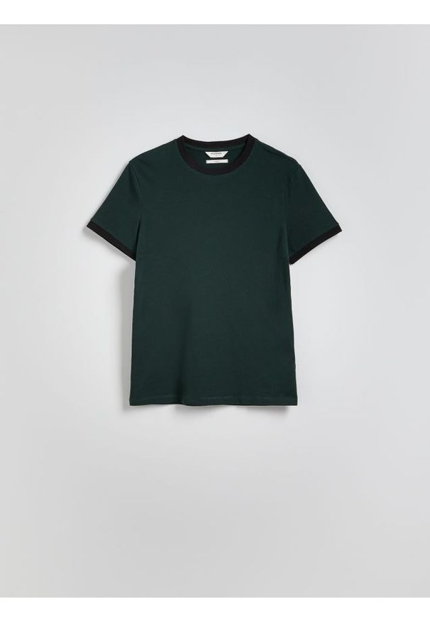 Reserved - Bawełniany t-shirt slim fit - ciemnozielony. Kolor: zielony. Materiał: bawełna