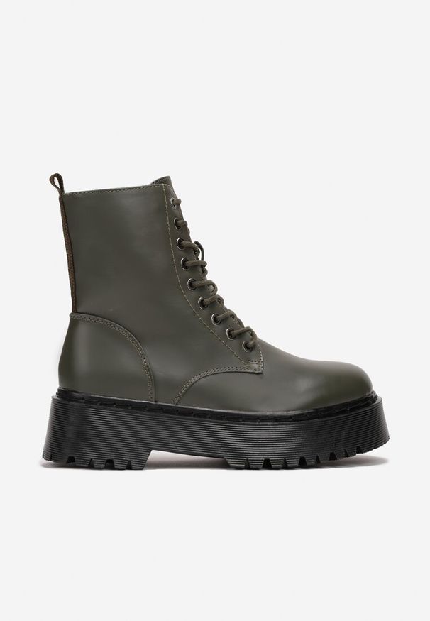 Born2be - Zielone Botki Workery na Platformie ze Sznurowaniem Ixuelli. Nosek buta: okrągły. Kolor: zielony. Materiał: dzianina, skóra, jeans. Obcas: na platformie. Styl: elegancki, klasyczny