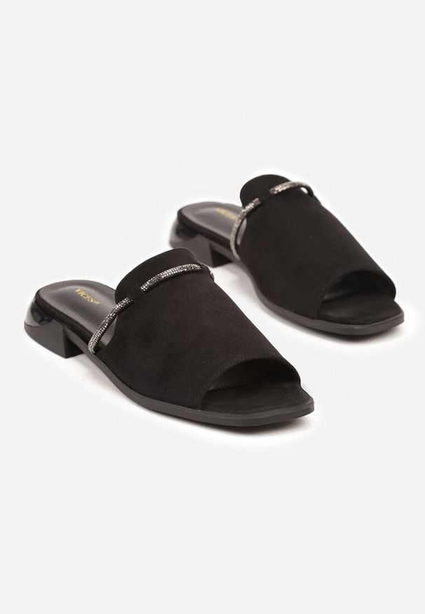 Renee - Czarne Klapki Vices z Cyrkoniami Tilindrea. Kolor: czarny. Wzór: aplikacja. Styl: elegancki