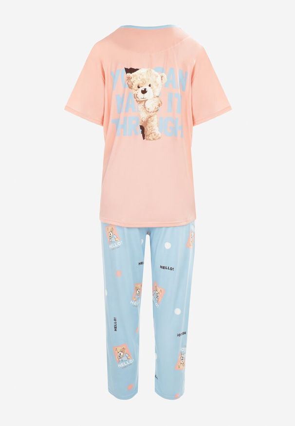 Born2be - Różowy Komplet Piżamowy 2-Częściowy Hyramia. Kolekcja: plus size. Kolor: różowy. Materiał: tkanina, futro, bawełna. Długość: krótkie. Wzór: aplikacja, nadruk
