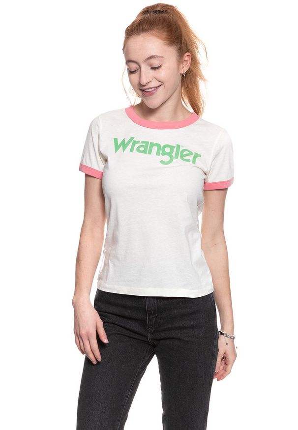 Wrangler - WRANGLER T SHIRT DAMSKI RETRO KABEL TEE ETHEREAL YELLOW W716SEVUF 112130915. Długość rękawa: krótki rękaw. Długość: krótkie. Wzór: nadruk. Styl: retro