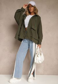Renee - Zielona Kurtka o Fasonie Oversize z Kapturem Malinessa. Okazja: na co dzień, na spacer. Typ kołnierza: kaptur. Kolor: zielony. Materiał: jeans. Długość rękawa: długi rękaw. Długość: długie. Styl: sportowy, klasyczny, elegancki, casual #5