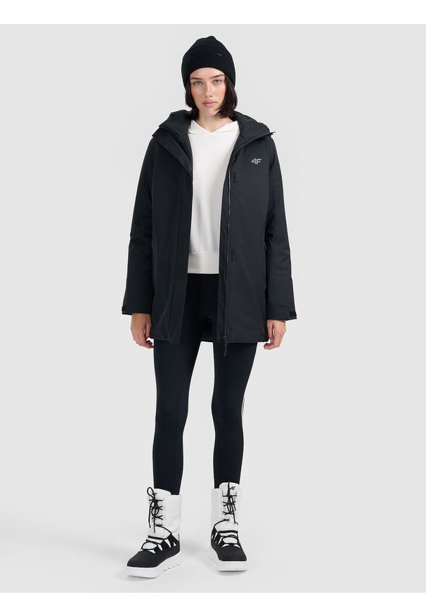 4f - 4F Parka zimowa membrana 8000 damska - czarna S. Okazja: na co dzień. Kolor: czarny. Materiał: poliester, materiał. Długość: do kolan. Sezon: zima. Styl: casual
