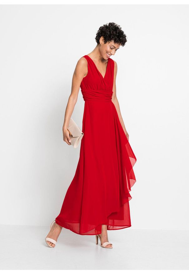 bonprix - Sukienka z szyfonu z marszczeniem. Kolor: czerwony. Materiał: poliester, szyfon. Styl: elegancki, wizytowy. Długość: maxi