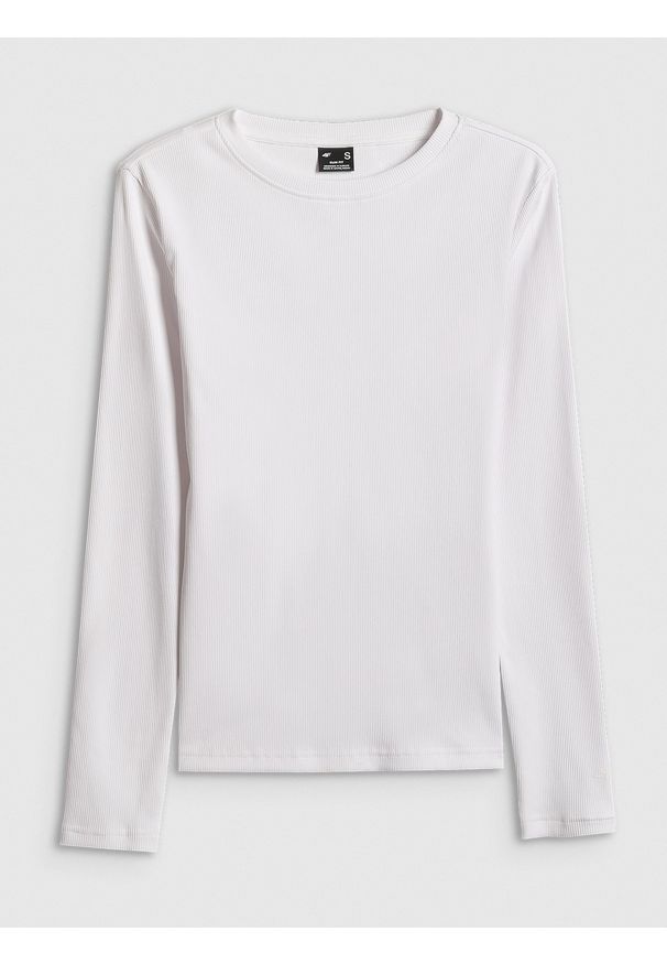 4f - 4F Longsleeve slim z prążkowanej dzianiny damski - biały L. Okazja: na co dzień, na spacer. Kolor: biały. Materiał: prążkowany, dzianina. Długość rękawa: długi rękaw. Wzór: prążki. Styl: casual
