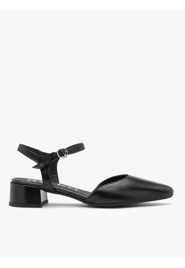 Ryłko - Czarne czółenka z otwartą piętą. Nosek buta: otwarty. Kolor: czarny. Materiał: skóra. Obcas: na obcasie. Styl: street. Wysokość obcasa: średni