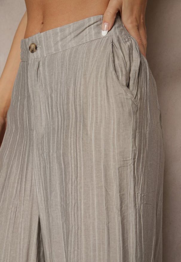 Renee - Szare Spodnie o Szerokim Kroju High Waist Natoreia. Okazja: na co dzień. Stan: podwyższony. Kolor: szary. Styl: boho, klasyczny, elegancki, casual